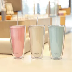 750ml Double-Layer Plastic Straw Cups With Lids Bpa Free Water Bottle For Drinking Tea Coffee Mug Juice Milk Water Cup Drinkware