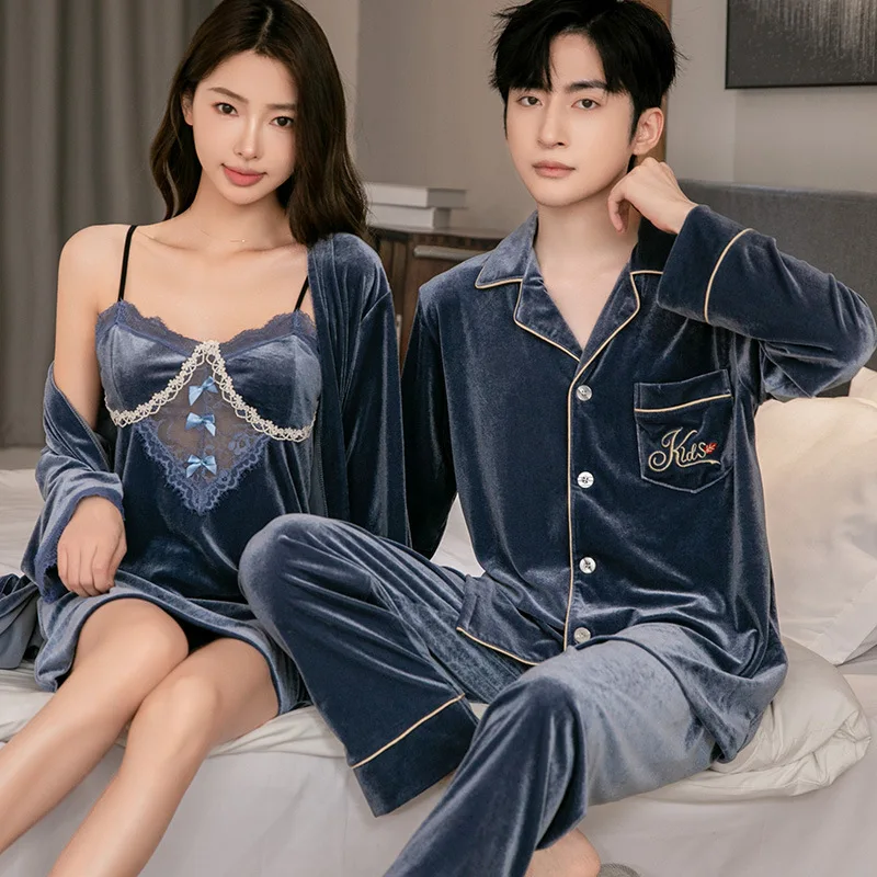 Sexy Sleepwear Autumn Lovers Velvet 2PCS Casual Soft Bathrobe Nightwear Couple Velour Men Shirt Pants Women Robe Nightdress Set