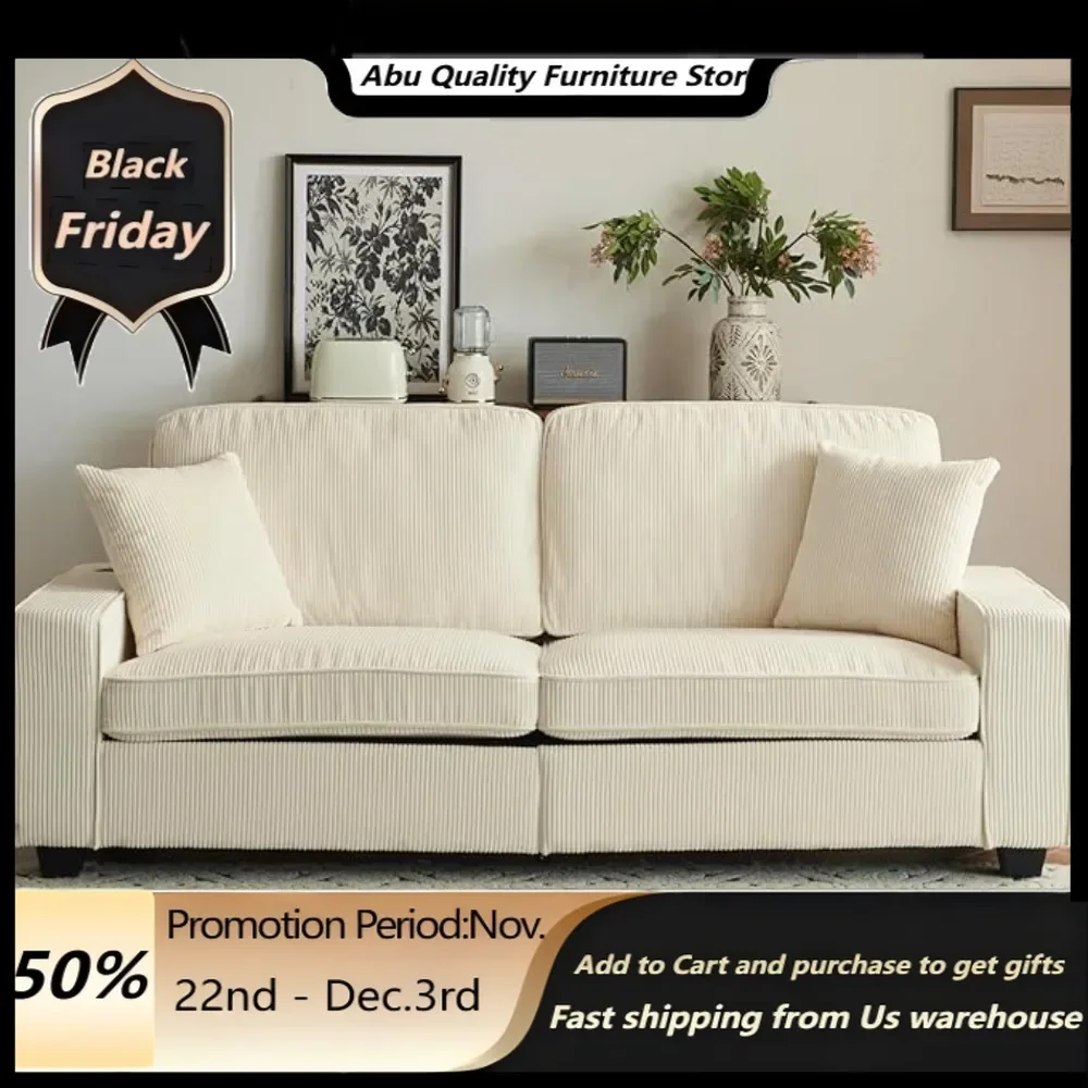 Cloud Feel Comfy Deep Seat Corduroy Couch,Wide Armrest, USB Charging Port, 2 Pillows,Beige Modern Loveseat Living Room Sofas