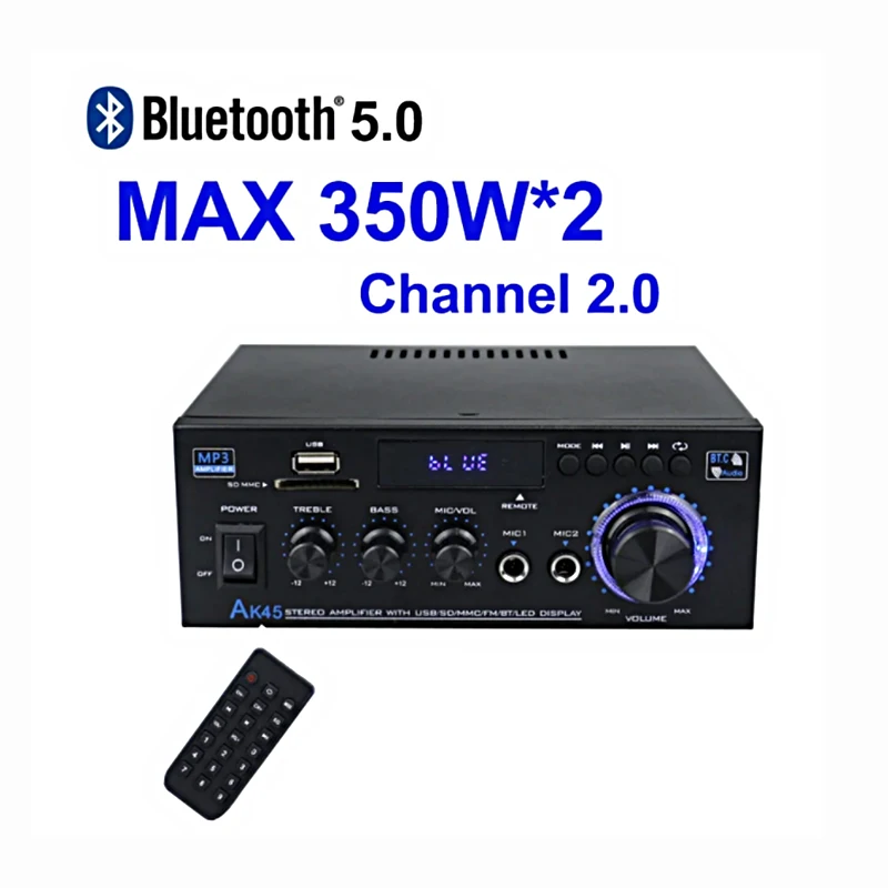 

AK45 HiFi Digital Bluetooth Audio Amplifier MP3 Channel 2.0 Sound Power AMP stereo Home Automotive Car for Speakers MAX 350W*2