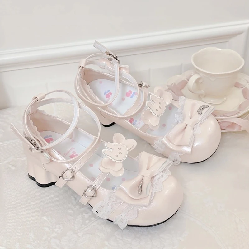 2026 Lovely Girls Lolita Bowknots Rabbit Pumps Shoes,Women Students Cute Cat Claw Heel Ankle Straps Mary Janes
