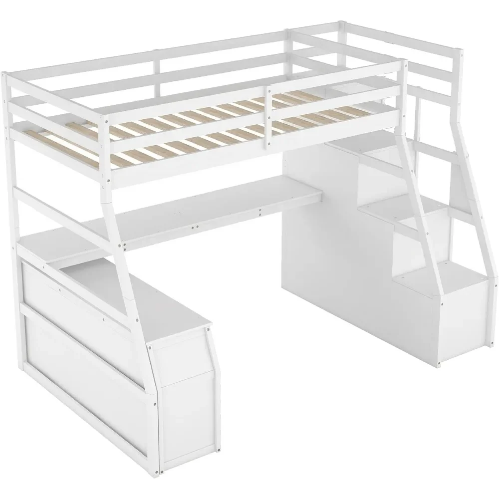 Cama doble tipo loft. Cama alta doble con escaleras y escritorio, marco de cama alta de madera con cajones y gabinete de almacenamiento, cama alta con almacenamiento