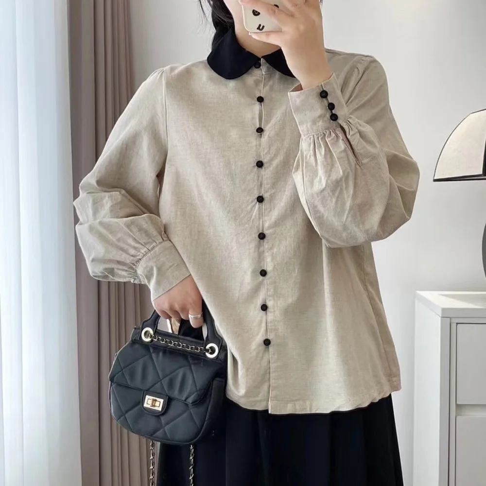

2025 Mori girl spring Japan style peter pan collar long sleeve solid shirts and blouses for women vintage clothing