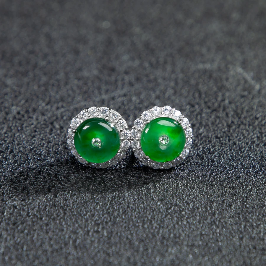 

TIMESWIND Natural A-type Authentic Jade Green Round Full Zircon S925 Silver Women Earrings Jewelry with Certificate