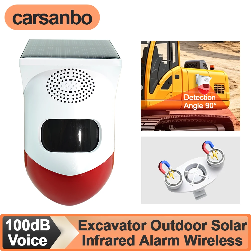 Carsanbo Excavator Outdoor Solar Infrared Alarm Wireless 600mAh Waterproof Animal Drive USB Charging 100dB Voice Customization