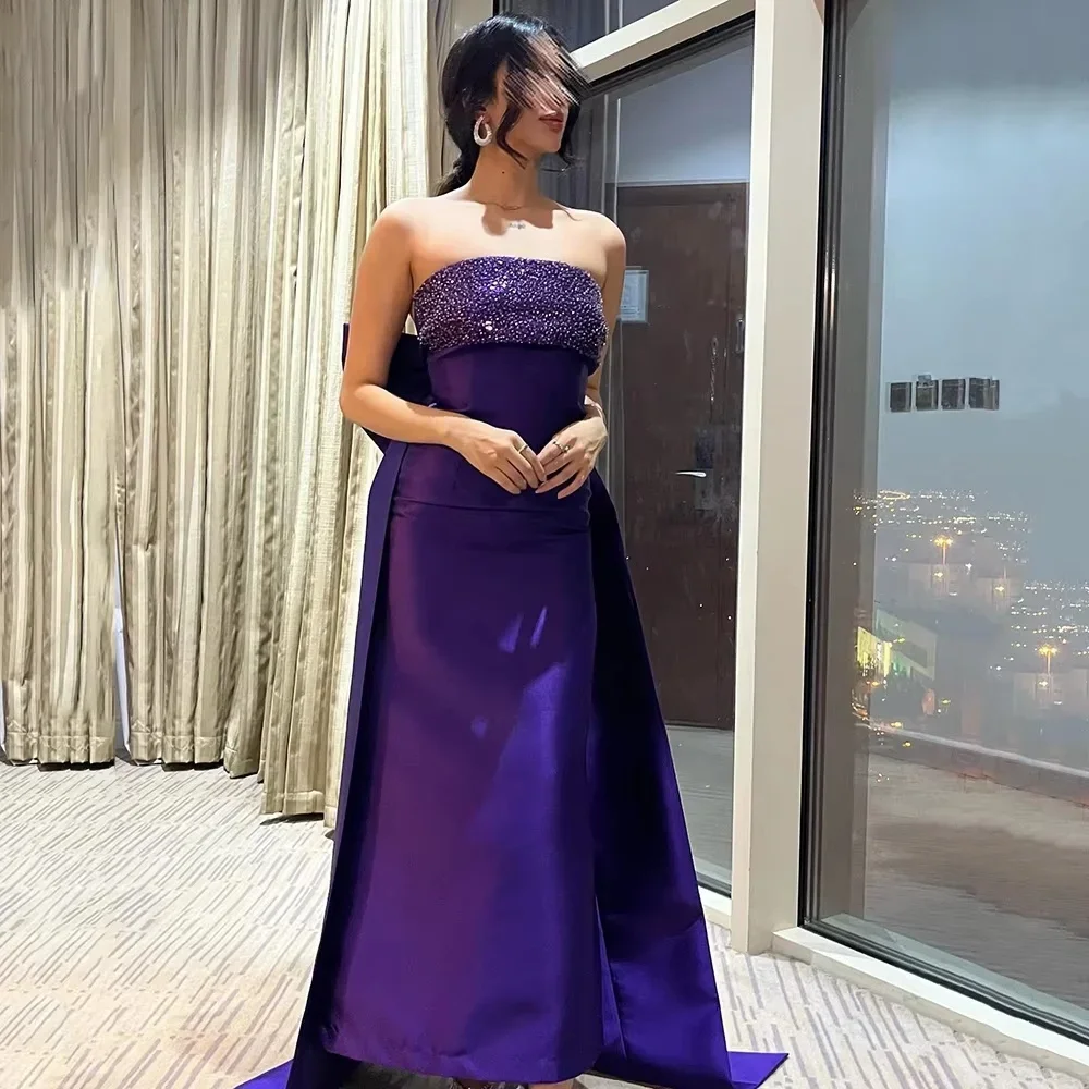 Suknia wieczorowa z fioletowego satyny na zamówienie, zdobiona koralikami, bez ramiączek, długa do podłogi, z odkrytymi plecami i kokardą, suknia na studniówkę, suknie na specjalne okazje.