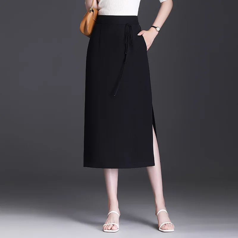 ZXRYXGS 2023 New Solid Color Mid Length Simple Commuter Fashion Skirts Elastic Waist Side Fork Temperament Elegant Women Skirt