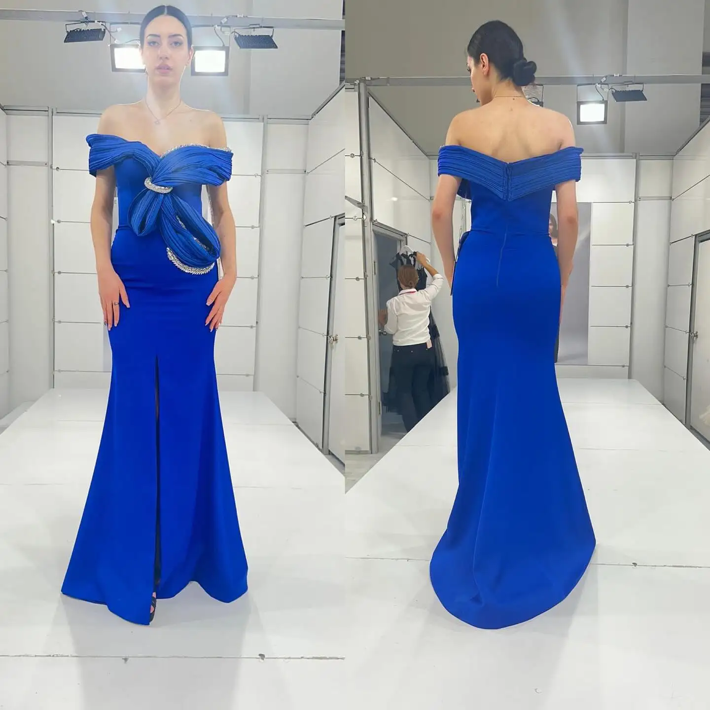 カスタマイズされたセクシーなジャージマーメイドオフショルダークリスタルイブニングドレス高品質半袖フロアレングスウエディングドレス