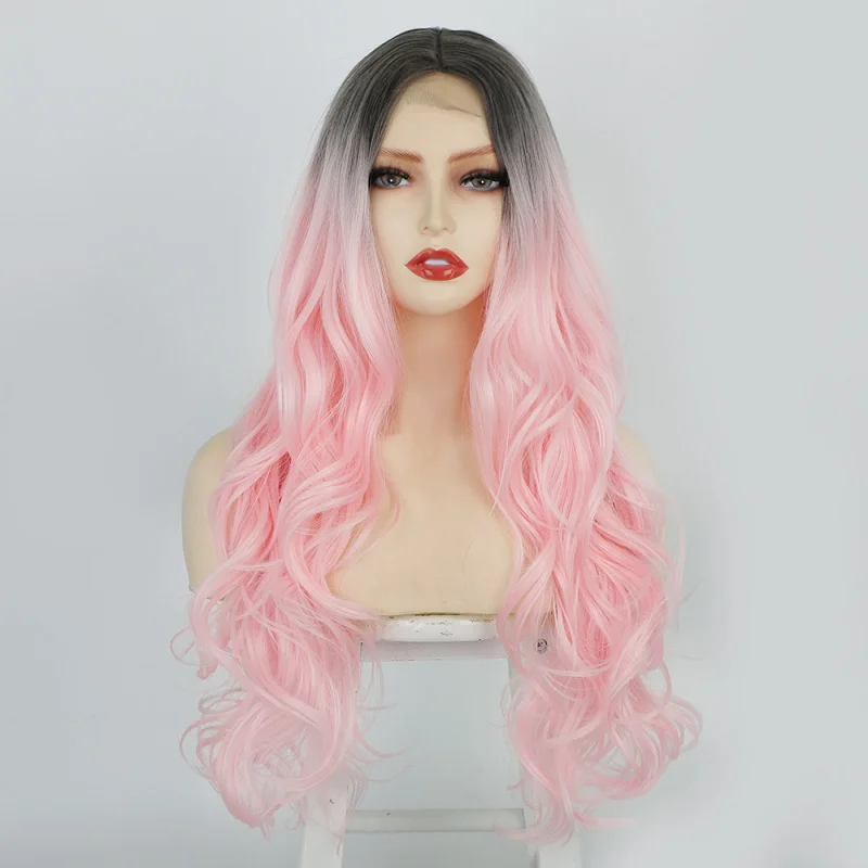 European and American women's wig, small lace front, long curly hair with big waves, gradient pink, synthetic fiber headpiec