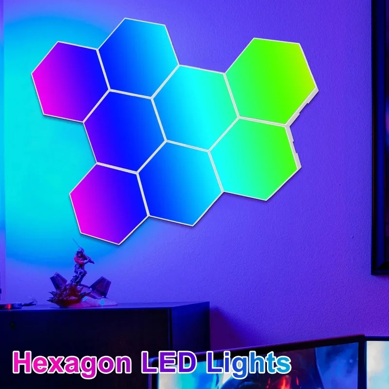RGB Smart Hexagonal Wall Lamp, DIY Shape Color‑Changing Ambient Light with APP Music Rhythm for Game Room Bedroom Home Wall Deco