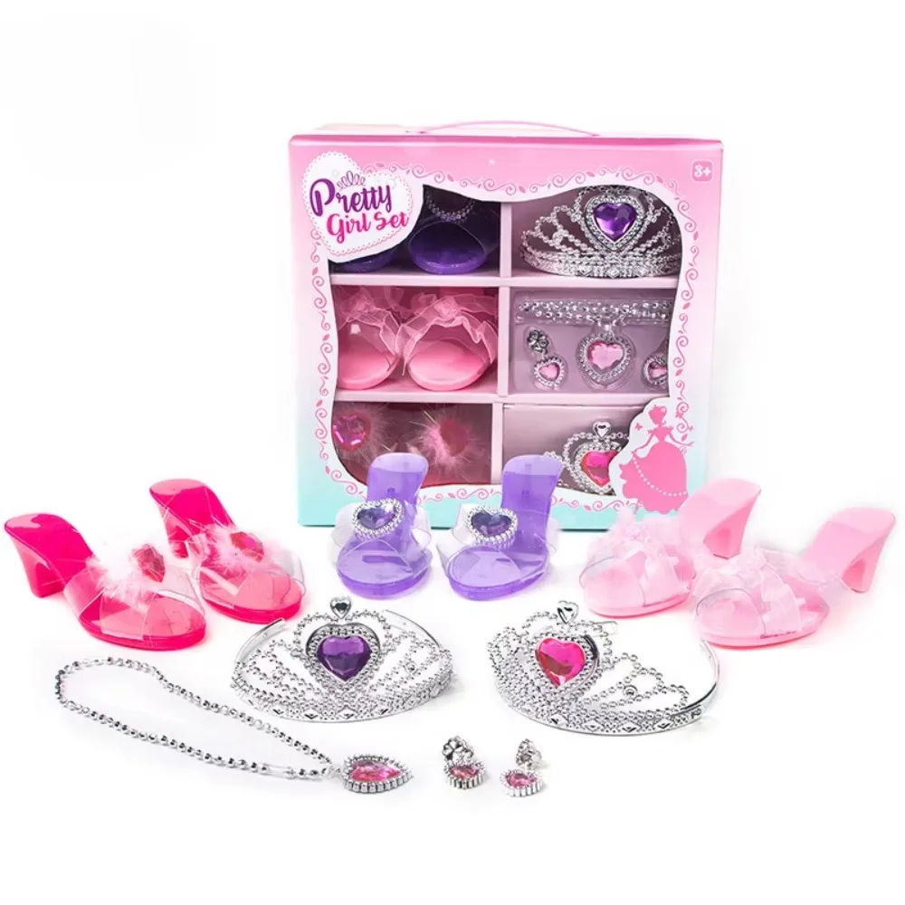 Collana Corona Principessa Vestire Giocattoli Fai finta di giocare Giochi di ruolo Gioielli per ragazze Giocattoli Orecchini per trucco Bracciale Scarpe di cristallo