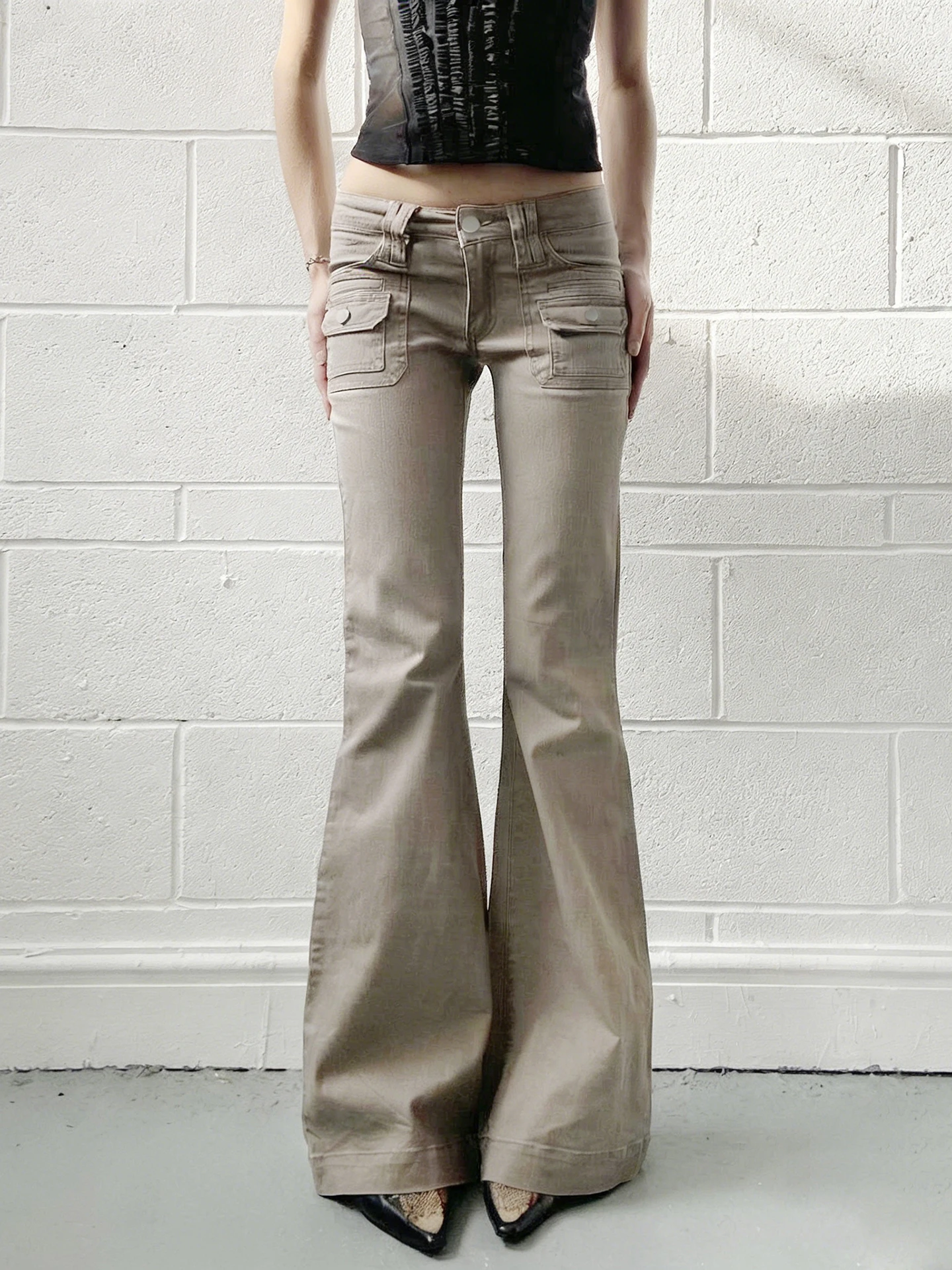 

Slimming High Waist Bell Bottom Jeans Women's Retro Pocket Long Trousers Khaki Color American Style Street Fashion Denim Jeans