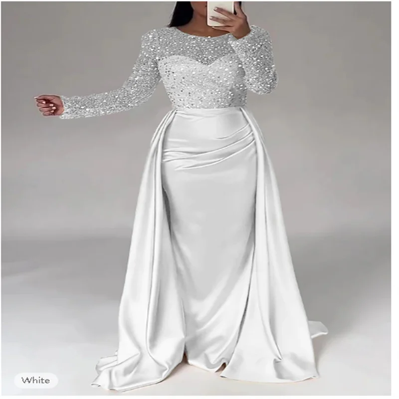 

Mermaid Sequin Evening Gown Ruched Champagne Satin Dress Long Sleeves Masquerade Floor Length Illusion Neck with Pearls 2025