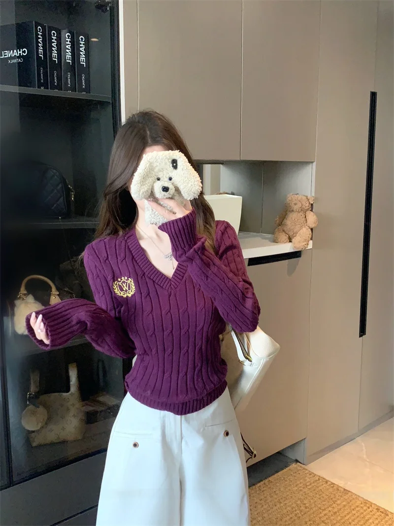 

Soft Long Sve V-Ne Knitted Sweater Purple Twist Slimming Women's Faion Spring Commute Sle Pure Color Belted Waist