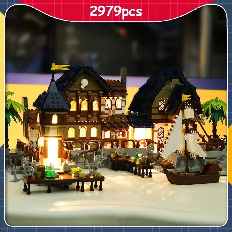 Street View Series Medieval Town Market Tavern Harbor Building Block Bricks Modular Architecture Model Toys For Kid Gift MOC