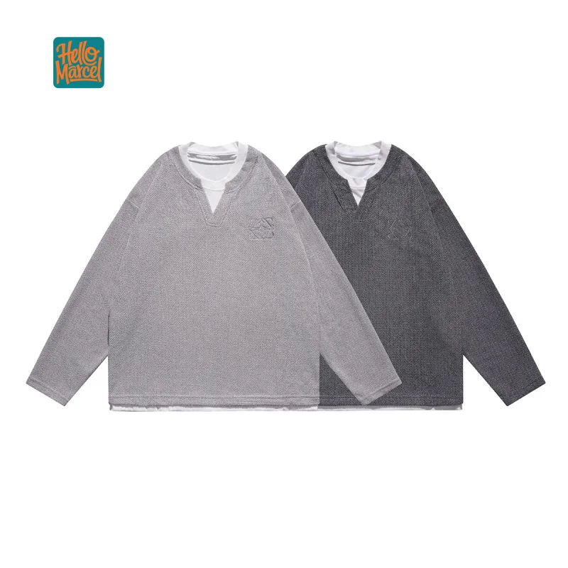 

HELLOMARCEL Top Quality EU US Size Autumn Patch Fake Two-Piece Sweatshirt Men's Embroidered Pullover Top