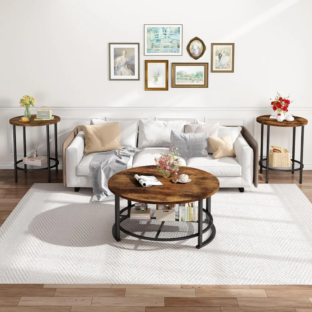 Modern 3-Piece Coffee and End Table Set for Living Room with Large Storage, Round Tables