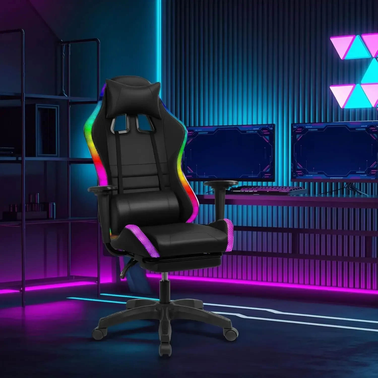Gaming Chair, Office Chair with Foot Rest, Pocket Spring Cushion, Bluetooth Speakers Ergonomic Chair Massage Chair Led Light Gam