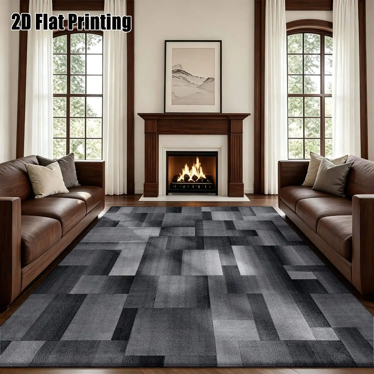 1Pc 2D Printed Grey Geometric Square Pattern Nordic/Instagram Style Carpet, Machine Washable, Multi-Size, Suitable for Entrance, Dining Room, Foyer, Bedroom, Living Room Home Decoration