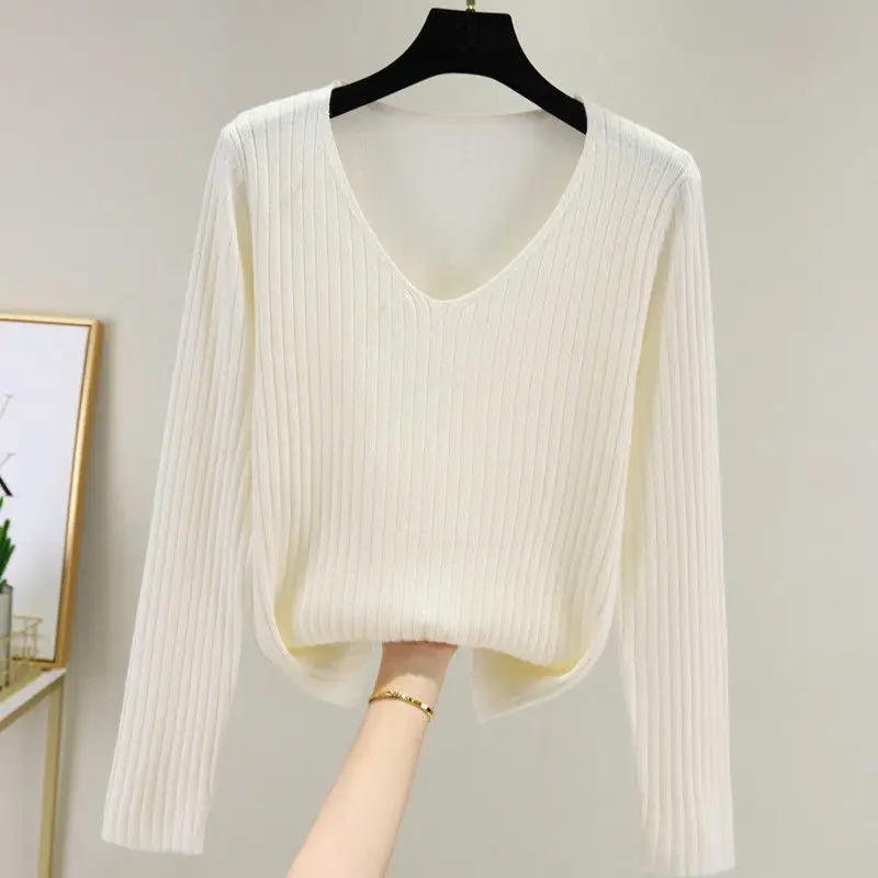 Korean Fashion Women Solid Slim V-neck Sweater Spring Autumn Versatile Bottoming Casual Long Sleeve Basic Knitted Pullovers Tops