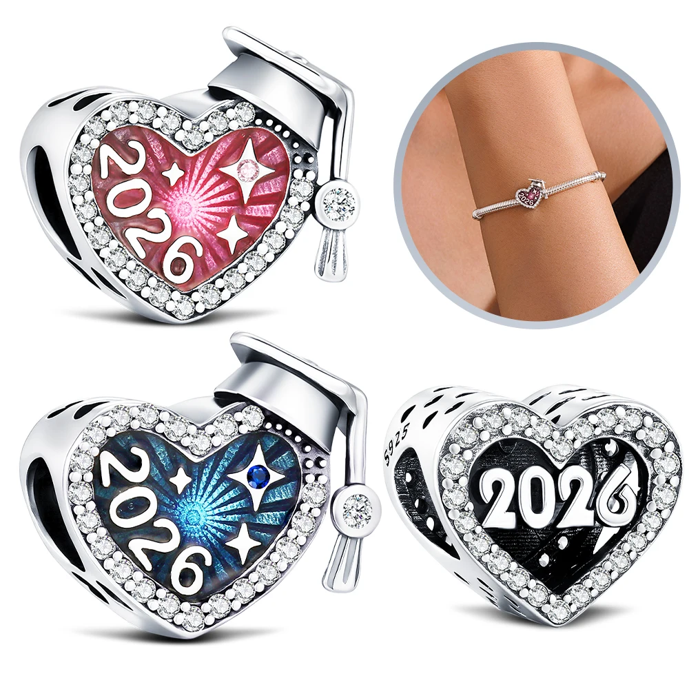 New 925 Sterling Silver Charm Colorful 2026 Graduation Cap Heart-Shaped Bead Fit Bracelet Women DIY Jewelry Love Daily Hot Gift