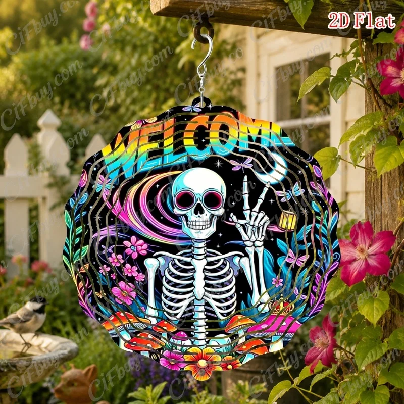 CIFBUY Wind Chime Rainbow Peace Sign Skull Mushroom Floral 360° Rotating Metal Spinner Boho Garden Outdoor Hanging Decor
