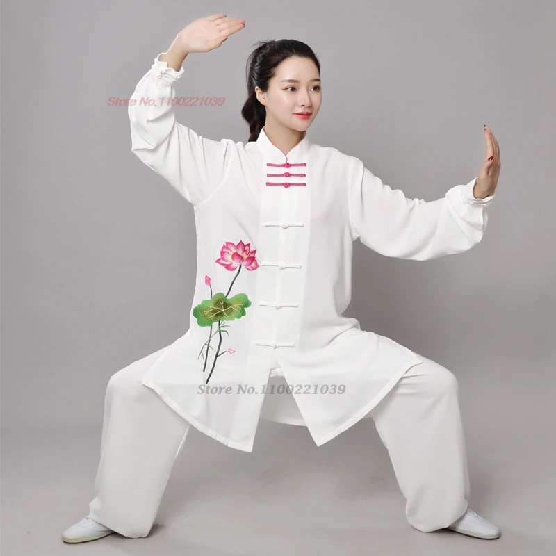 2024 chinese kung fu tai chi training exercise suit martial arts taijiquan wushu uniform flower embroidery sports tops+pants set