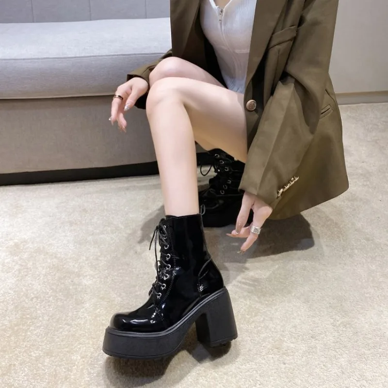 Autumn Winter Women Ankle Boots Waterproof Platform Lace Up Thick Heel Short Boots Fashion 9cm High Heel Leather Botas for Women