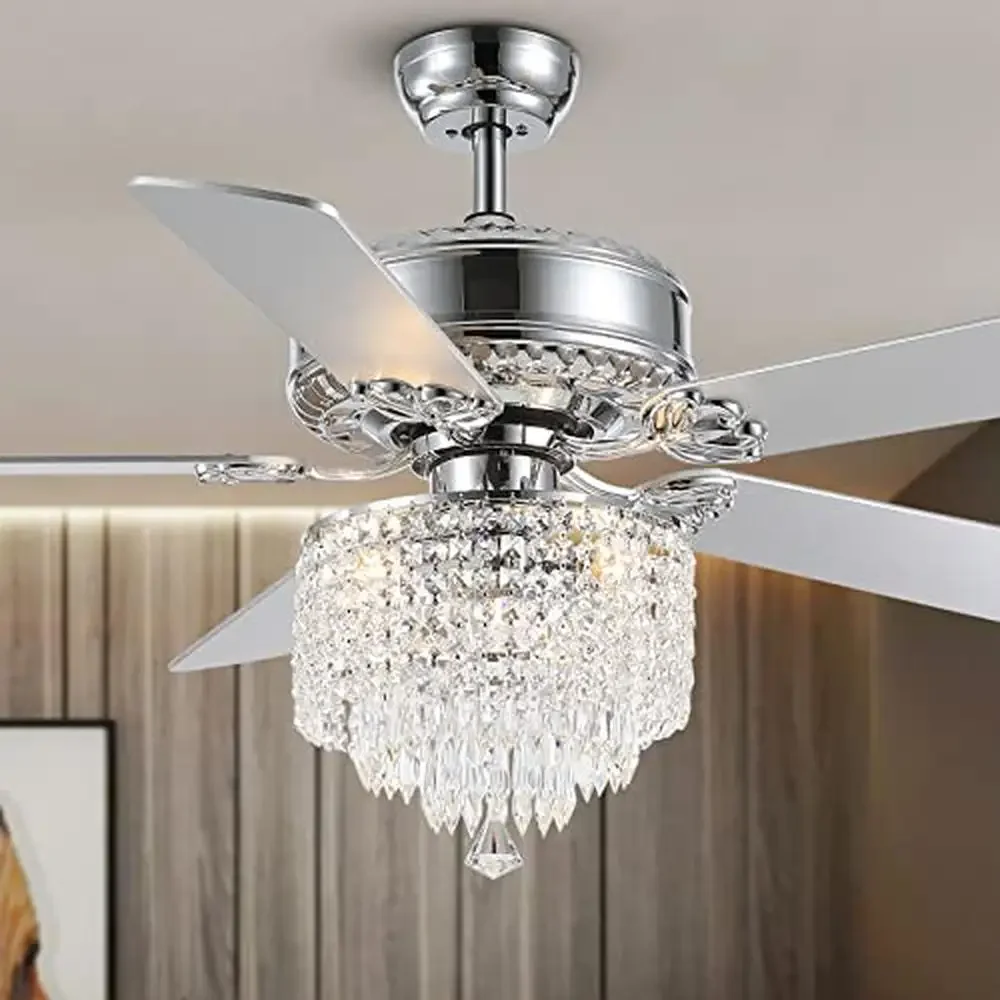 52" Modern Crystal Ceiling Fan with Lights Remote Elegant Chandelier Fandelier Wooden Blades Bedroom Cooling Rotation Quiet