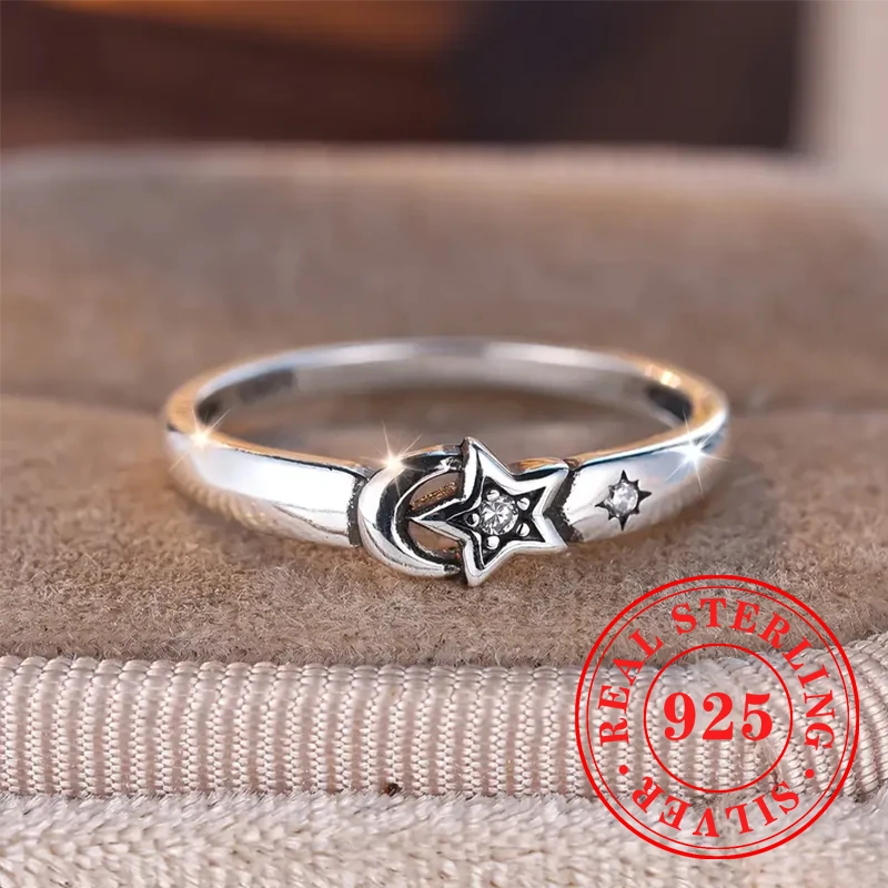 

Huitan 925 Sterling Silver Moon and Star Rings for Women Trendy Romantic Finger Accessories Simple Stylish Party Daily Jewelry