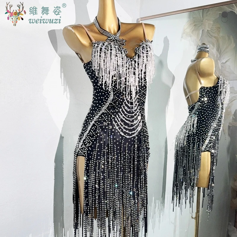 زي الرقص اللاتيني حجر الراين للنساء مخصص أداء رومبا تشاتشا زي تنورة الكبار اللاتينية المهنية شرابة فساتين #4