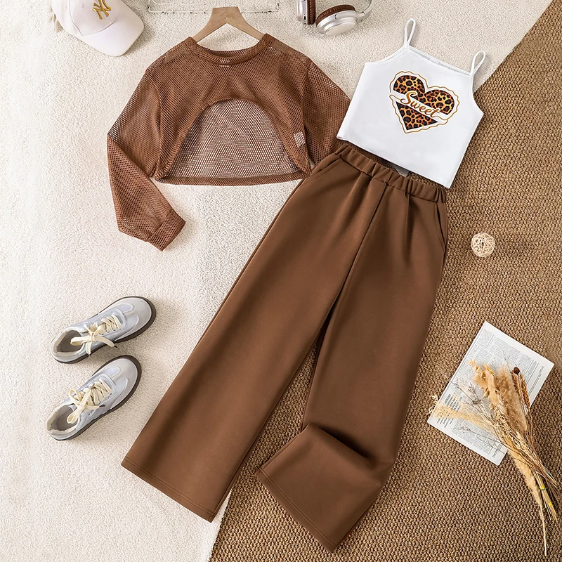 Girls 3 Piece Outfit for 8-12Y, Mesh Long Sleeve Shrug, Leopard Heart Print Cami & Brown Wide Leg Pants Casual Set