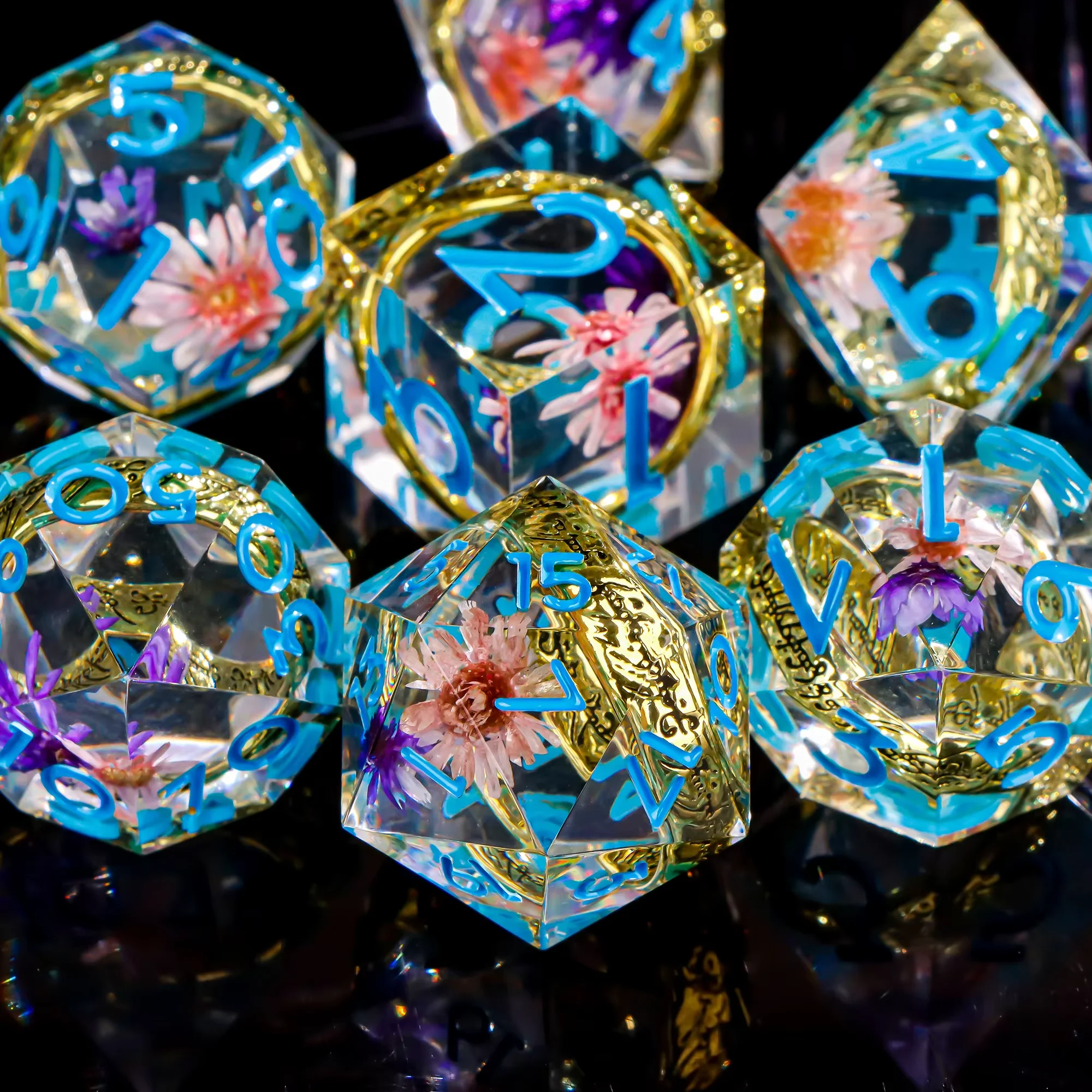 Sharp Edge Resin Dice Set with Embedded Golden Ring, Polyhedral DND Dice for Dungeons & Dragons, Fantasy TTRPG Gaming Dice