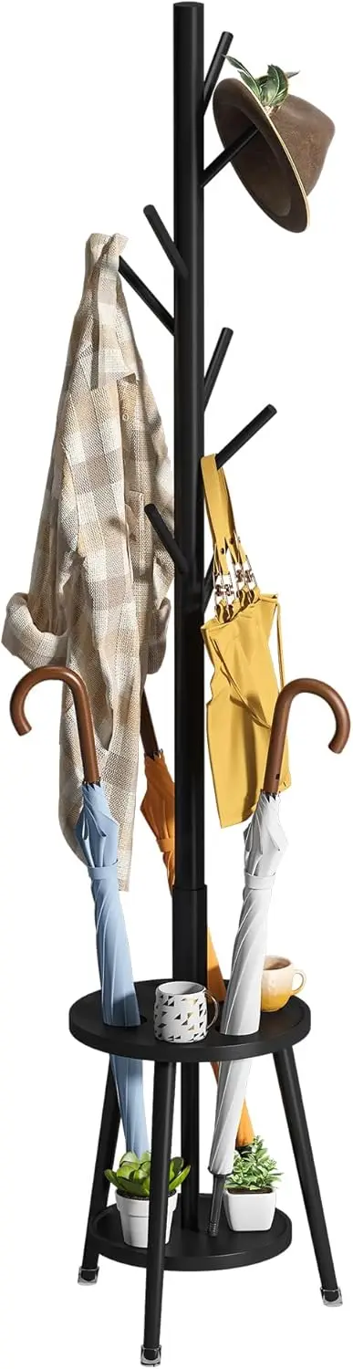 

Напольная вешалка для одежды из бамбука с 8 крючками и подставкой для зонтов для организации пространства в прихожей