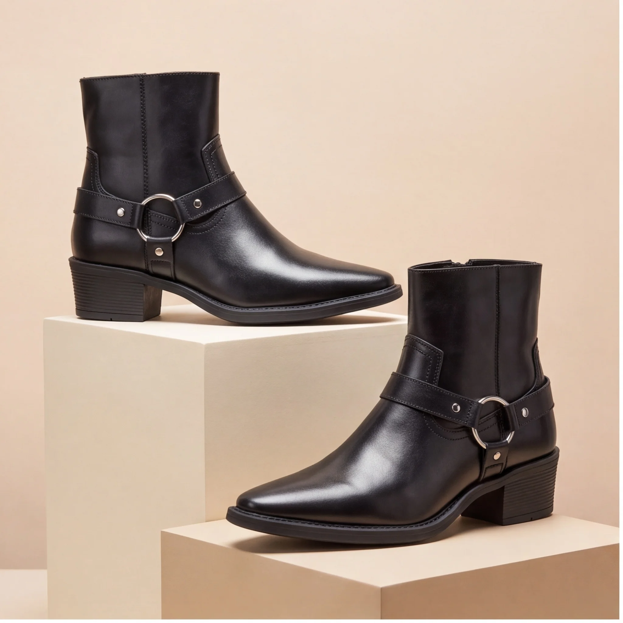 Chelsea-Stiefel für Herren, schwarze Schnallen-Knöchelstiefel mit seitlichem Reißverschluss, spitze Zehenpartie, Blockabsatz – Detail 5