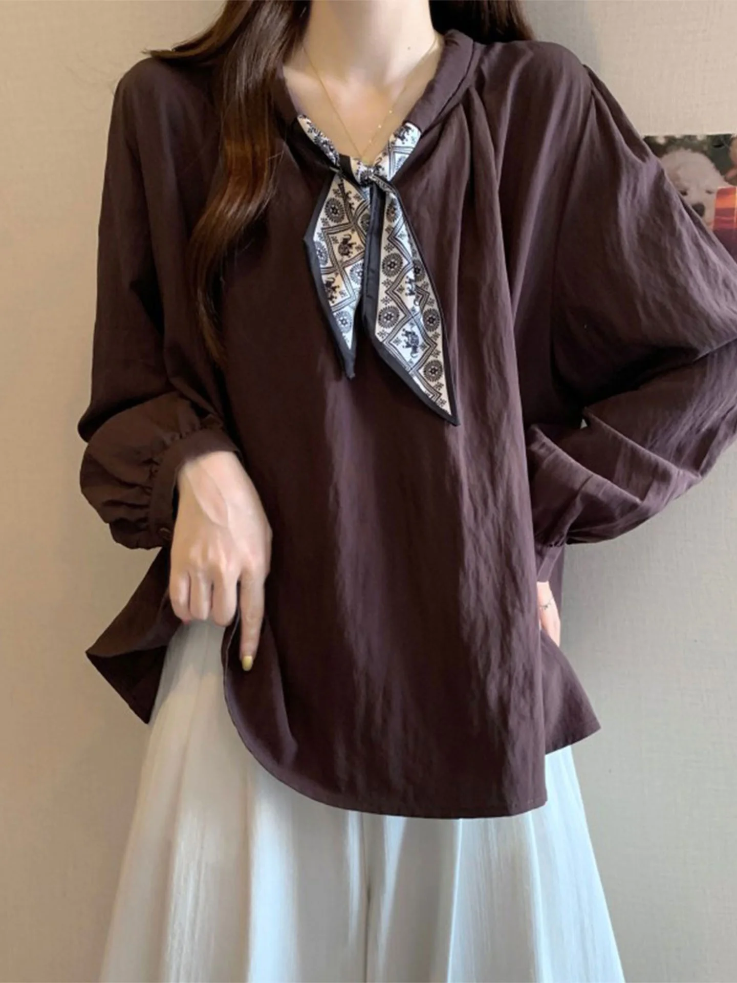 

Ele Long Sve irt Women's plus Size Faionable Belted Kimono Sle Top Silk Scarf Detail Korean Sle Office Wear