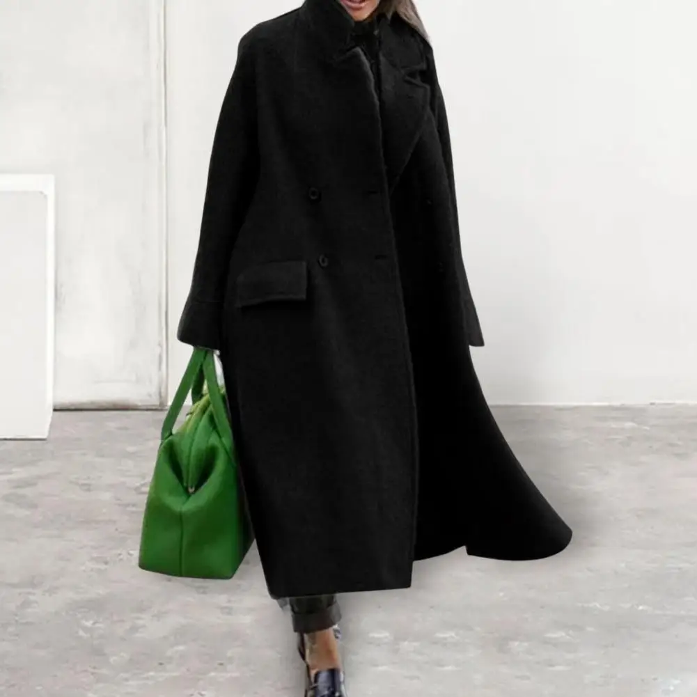 Women Overcoat Solid Color Thickened Double Breasted Outwear Autumn Winter Turndown Collar Long Trench Coat Streetwear