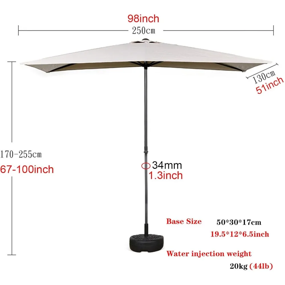 8’Half Rectangular Outdoor Patio Umbrella with Adjustable Height for Wall, Balcony, Garden, Deck, Café, Half Round Base Included