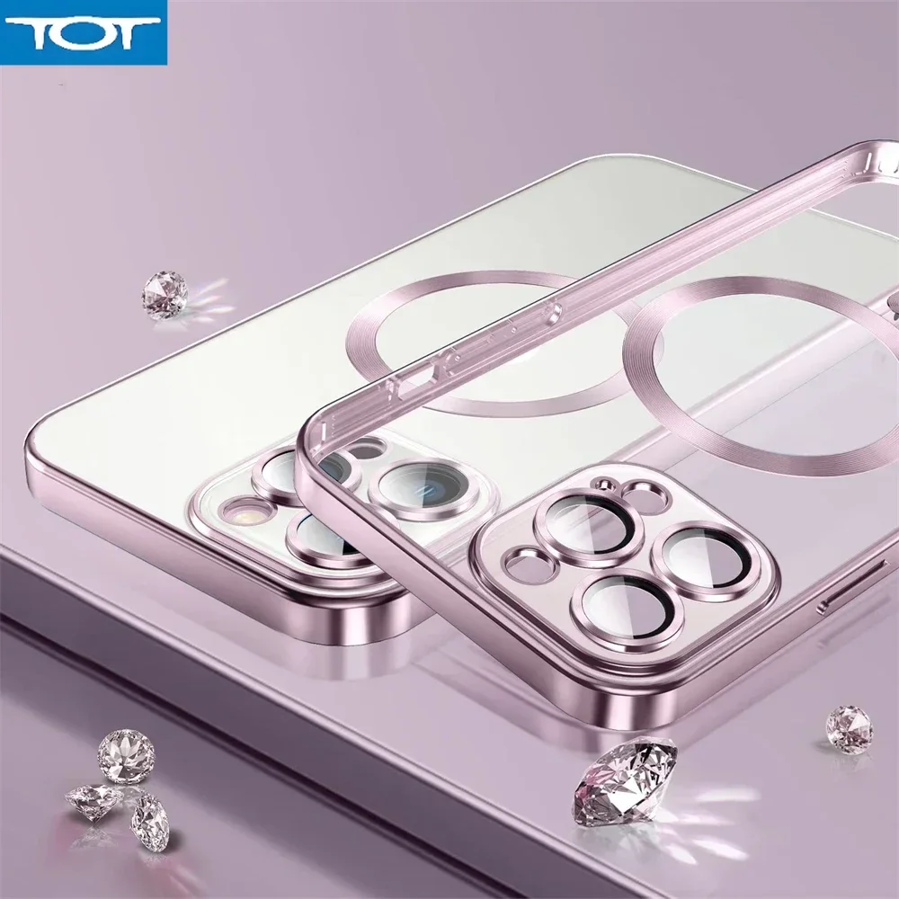 

Plating Clear Phone Covers For iPhone 16 15 14 13 12 11 Pro Max Plus Cases Wireless Charging MagSafe Magnetic Shell Lens Hot
