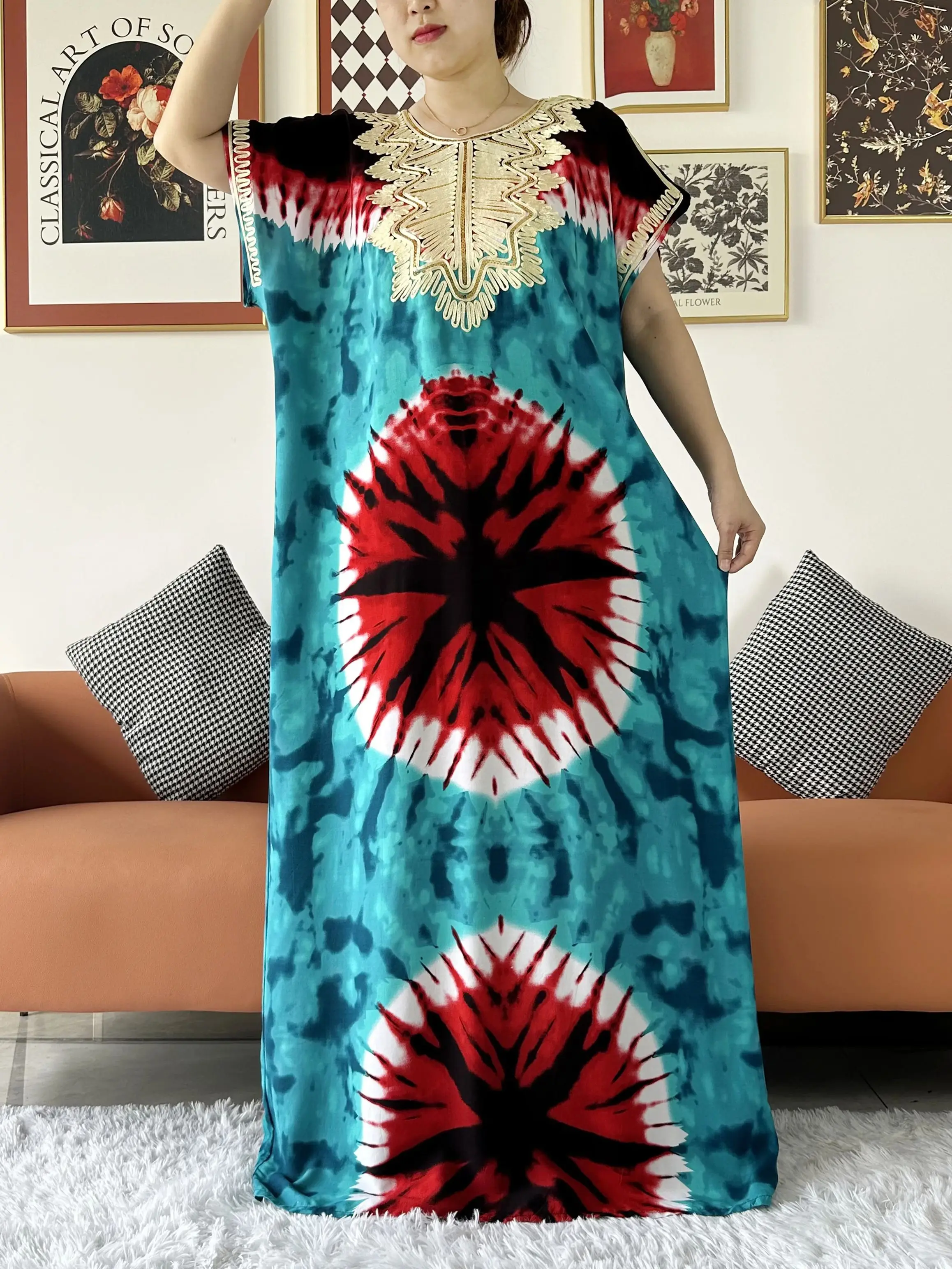 2024 Summer African Lady\'s Short Sleeve Abaya Dashiki Tie-dry Cotton Sequins Floral Printing Loose Caftan Dress Casual Vestido