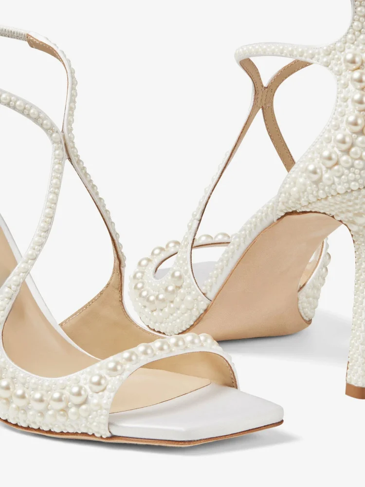 

Новинка 2023 года, босоножки на высоком каблуке с жемчужным узлом, пикантные женские босоножки через плечо с низкой посадкой, ультратонкая резиновая подошва с квадратной головкой