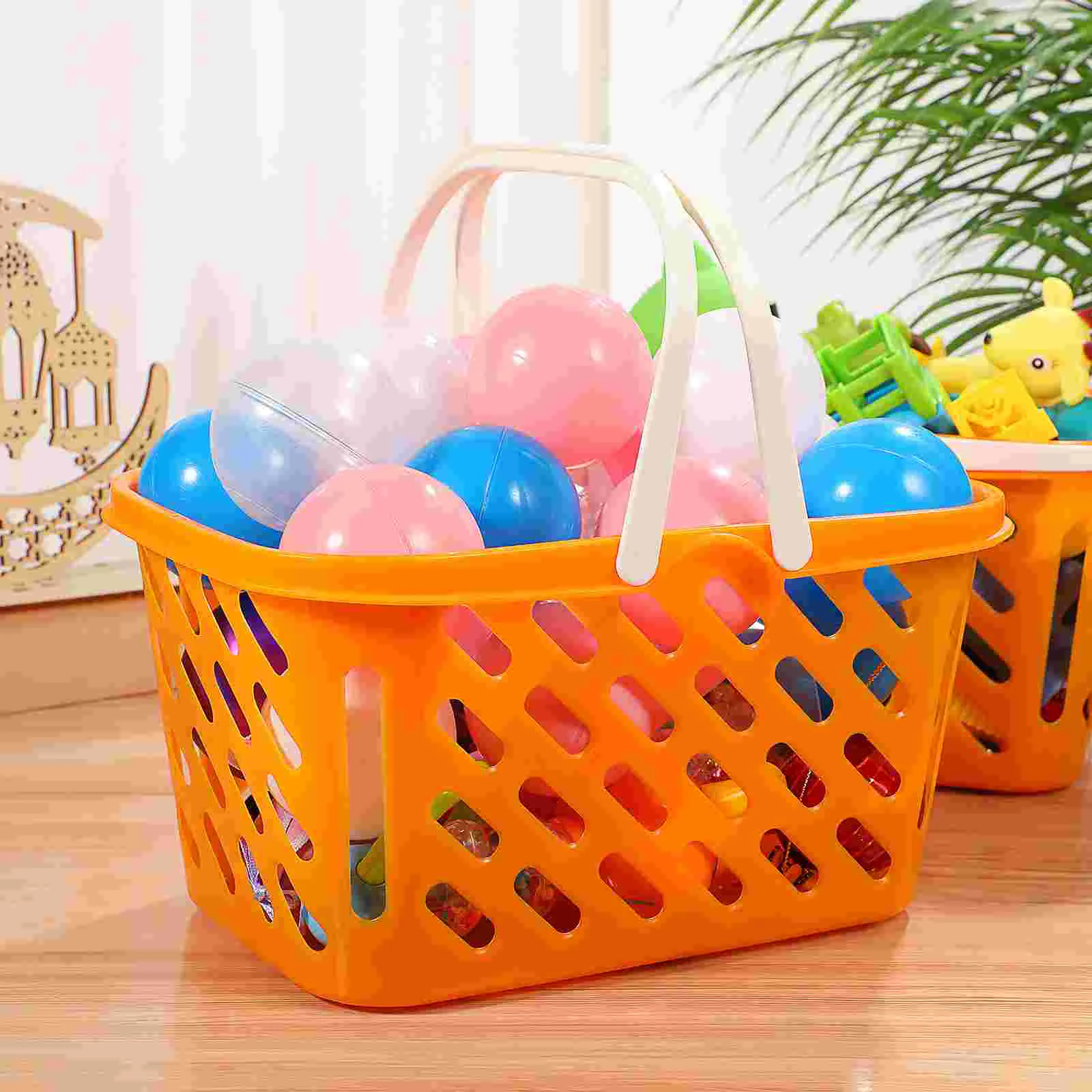 Cestini da 2 pezzi, giocattoli autoadesivi, portaoggetti, spesa multiuso, casa da gioco, generi alimentari arancione per bambini