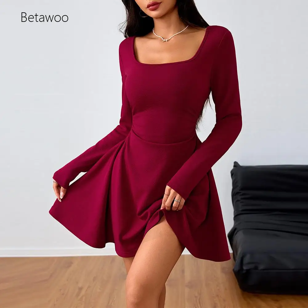 Damen-Minikleid mit langen Ärmeln und quadratischem Ausschnitt, A-Linien-Skaterkleid, lässiges Partykleid, einfarbiges, geripptes, figurbetontes Strickkleid