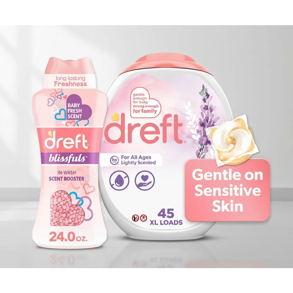 

Baby Laundry Detergent Pacs & Scent Booster Beads, Hypoallergenic, HE Compatible, 45 Count + 24 oz