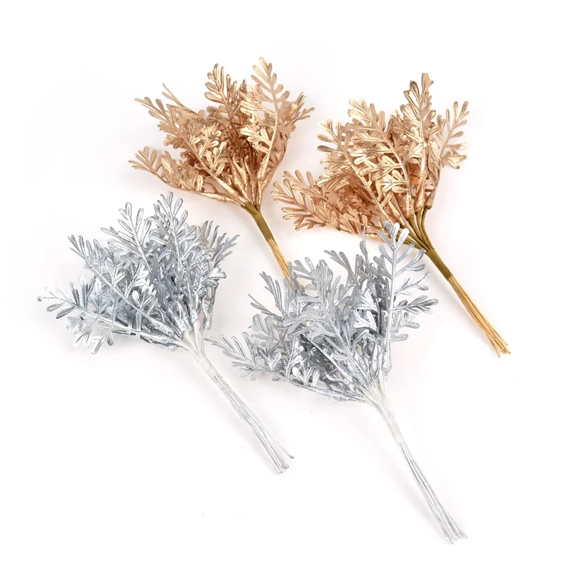 1 paquete de plantas artificiales de 11cm, hojas de eucalipto de plástico dorado/plateado para decoración del hogar, boda, decoración de corona navideña