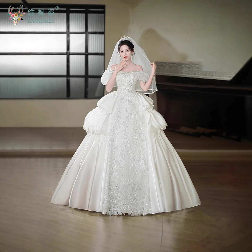 

French Retro Palace Style Heavy Industry Wedding Dress Sequins Bead Embroidery Handmade Embroidery Satin Bride Wedding Dress