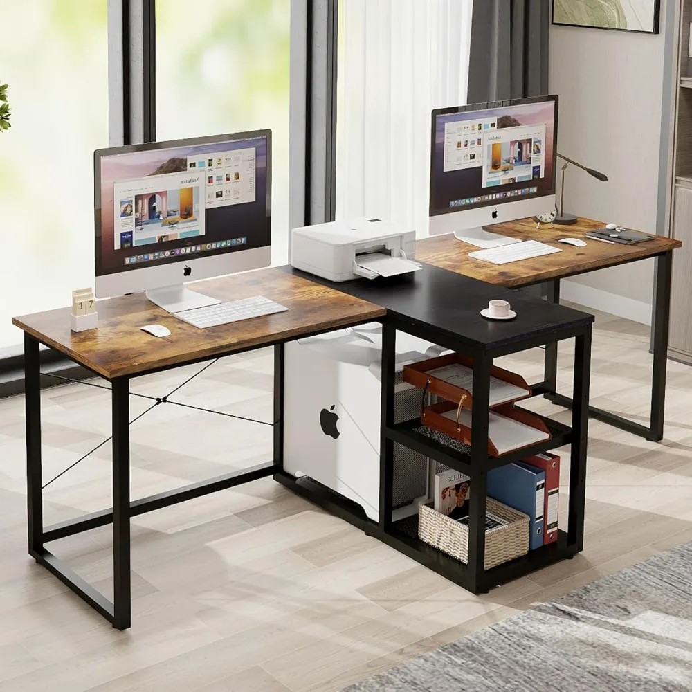 Two Person Desk with Storage Shelves, 92.5" Double Computer Desk with PC case Stand for Home Office,Retro