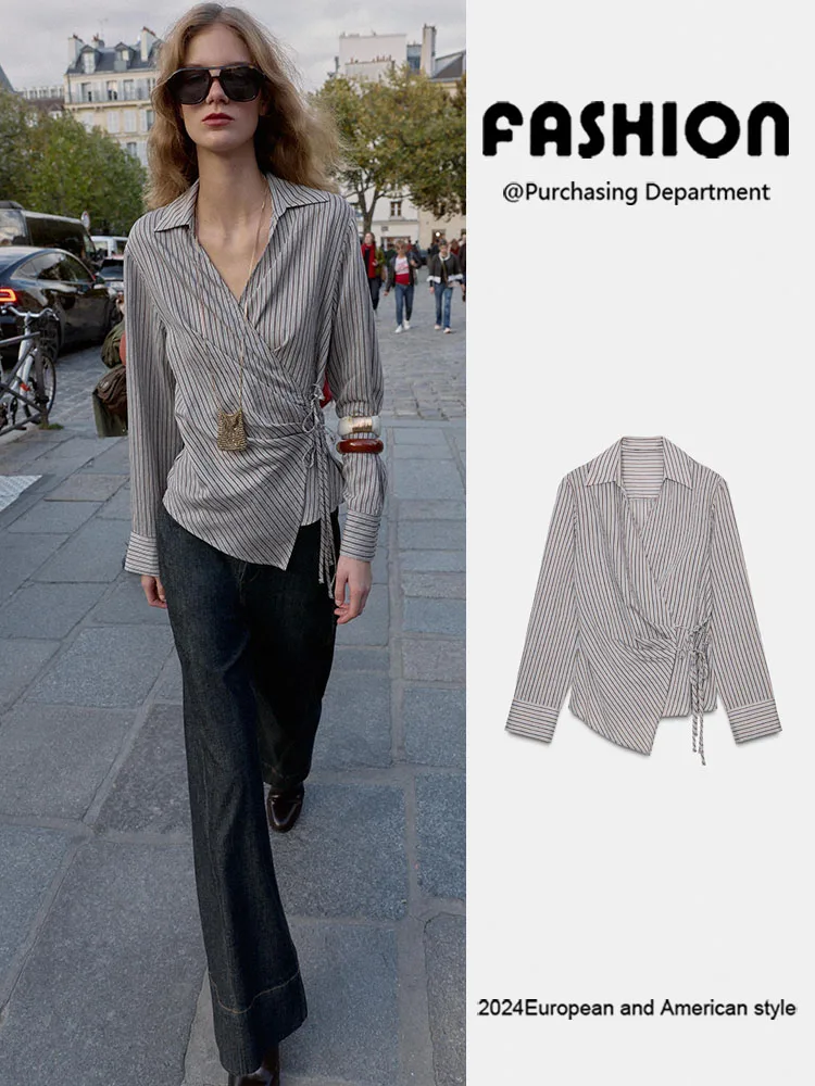 

Winter New Arrival Women's Shirt Simple Versatile Comfortable Double-Bow Stripe Knot Design Ethnic Stage Costume