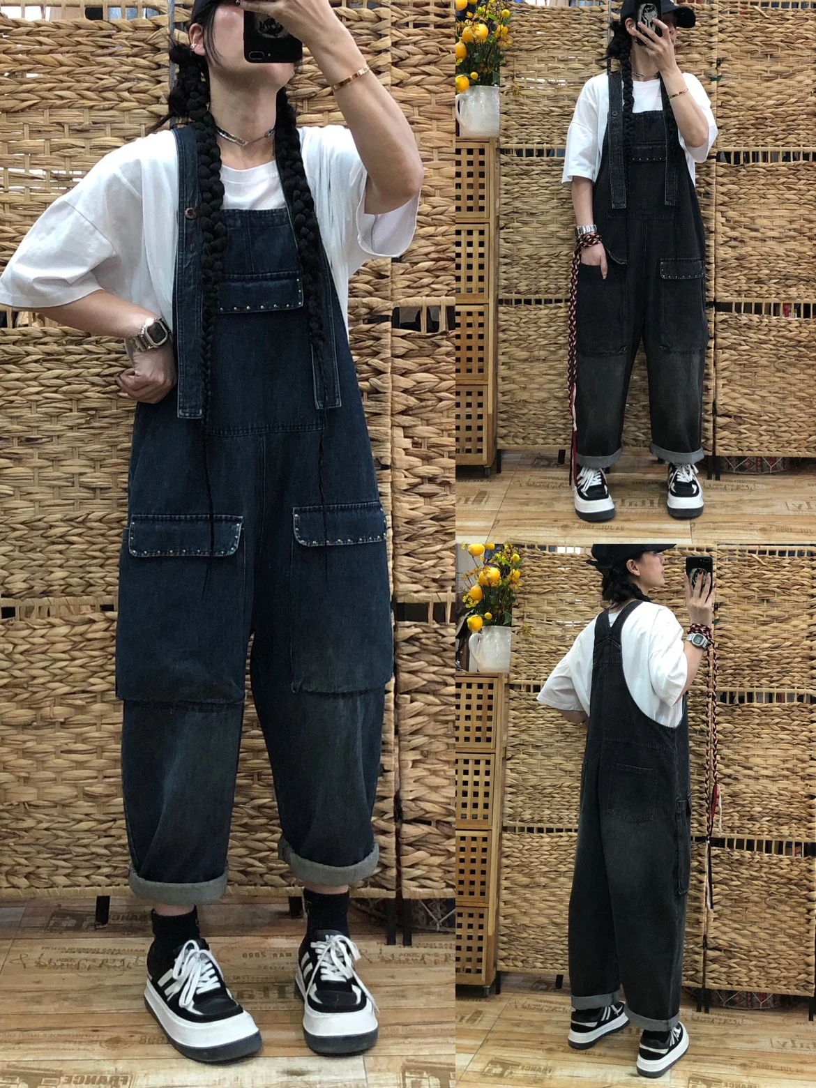 

Женские джинсовые комбинезоны в стиле ретро с крупными количествоми и заклепками, повседневные длинные брюки с высокой талией, весна-осень, темно-синие