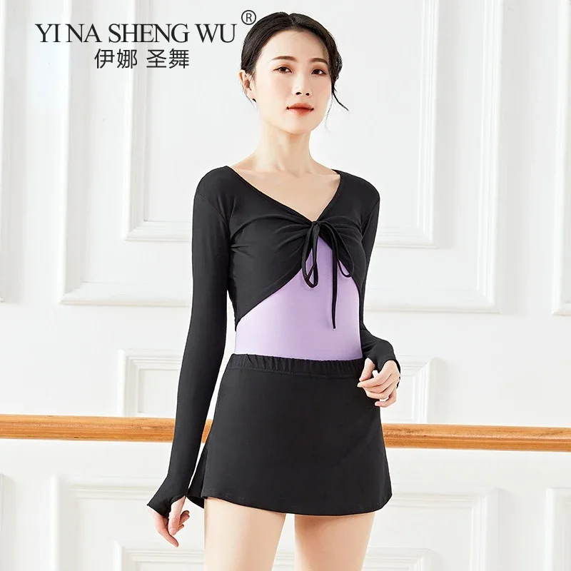 Adult Ballet Dance Dress Female Long Sleeve Gymnastic Clothing With Ballet Classical Dance Dress Black Skirt Side Split 5 Colors